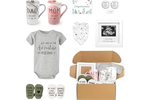 BLINKING STARS New Parents Gift Set Est 2026 Pregnancy Announcement Gifts for Couples-First Time New Mom Basket for Baby Shower Gender Reveal-Mom & Dad Mugs, Decision Coin, Baby Ultrasound Frame, Onesie, Bib, Socks