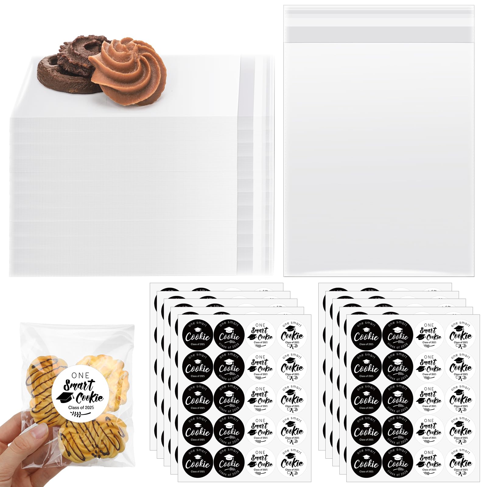 Photo 1 of ReliThick 200 Set One Smart Cookie Stickers Bulk 2025 Graduation Cookie Party Favor with 200 Clear Cellophane Bags Graduation Candy Gift for Grad Party Decoration
