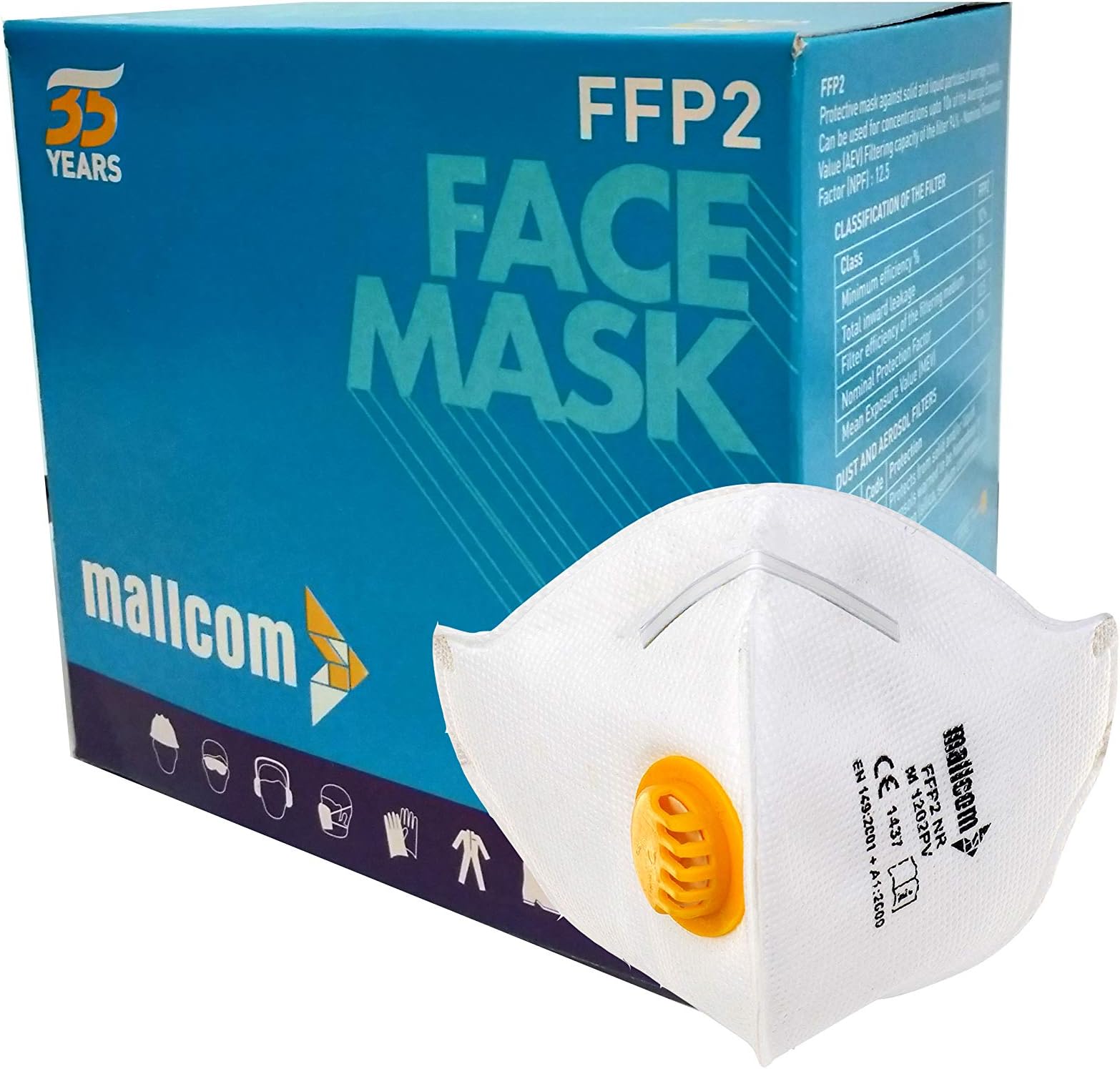 Mallcom M1202PV Half Foldable 5 Ply FFP2 Disposable Face Mask with Valve and Head Loop, Pack of 10, White
