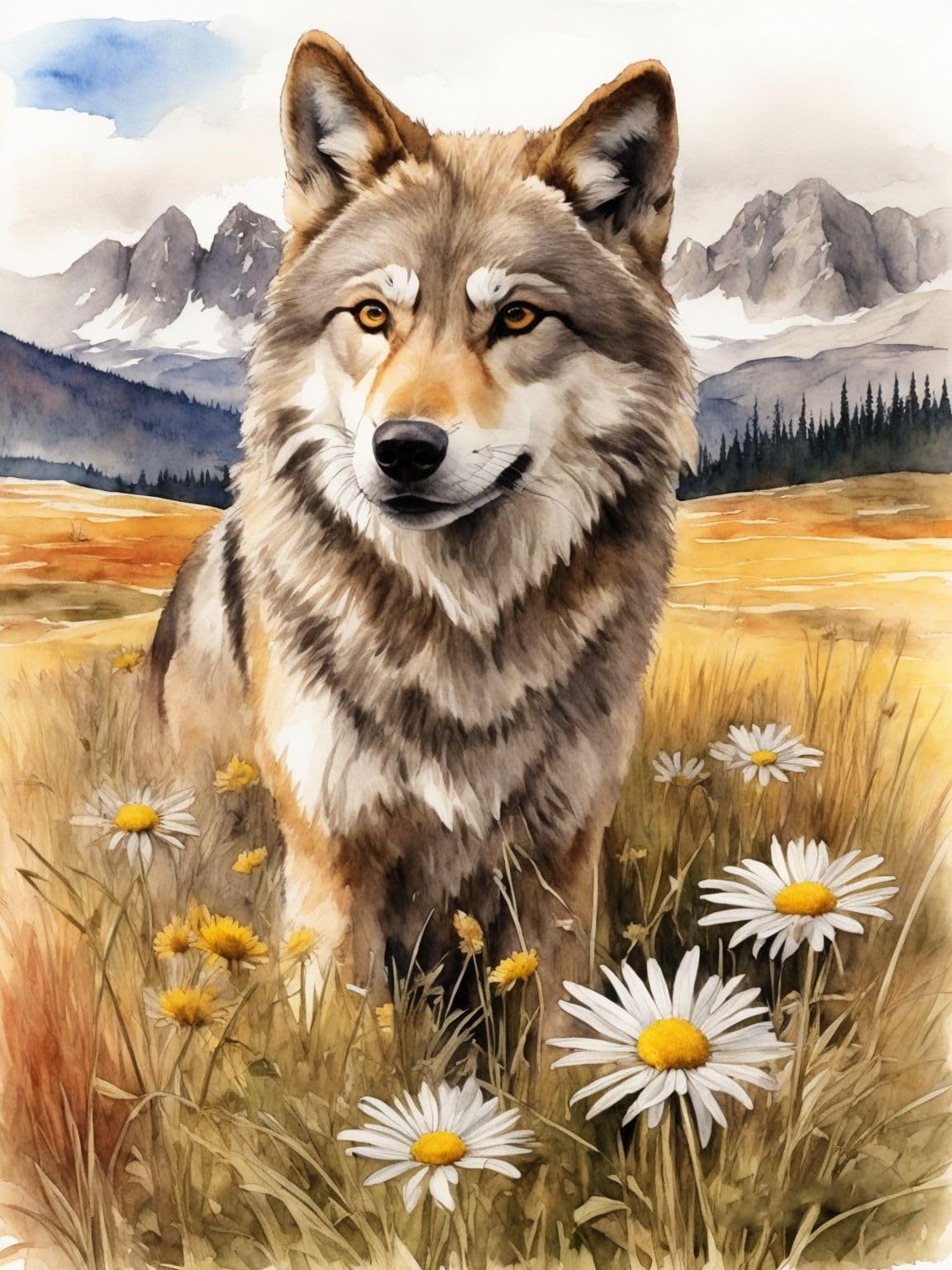 Gofission 11ct Stamped Cross Stitch Kits for Adults Beginners, Savannah Wolf Animal Mountain and Daisy DIY Pre Printed Cross Stitch Embroidery Set with Accessories Wall Decor 40x50cm (Wolf)