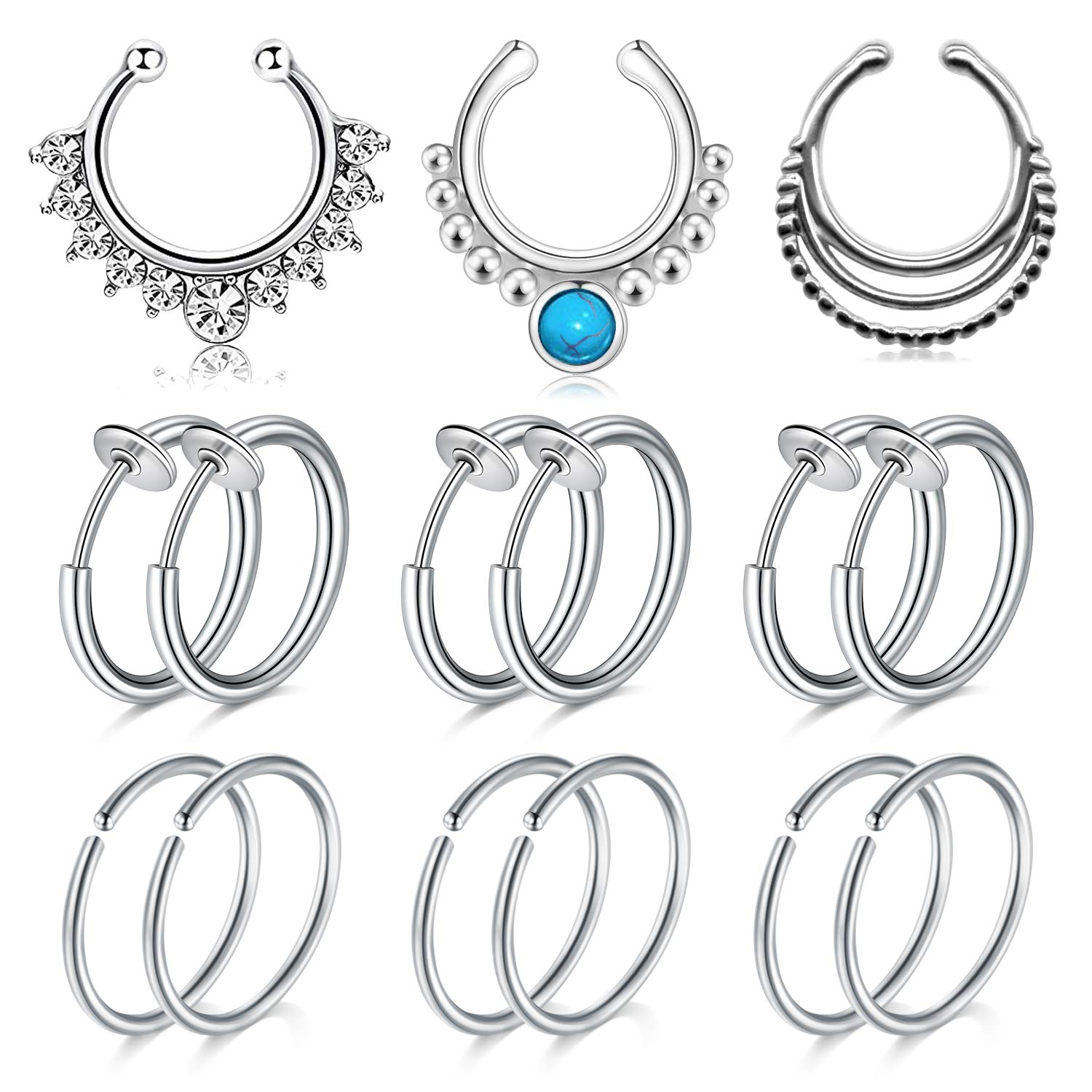 Mayhoop 12pcs Fake Nose Rings Nose Rings Fake Crystal Clip On Hoop Earrings, Metal