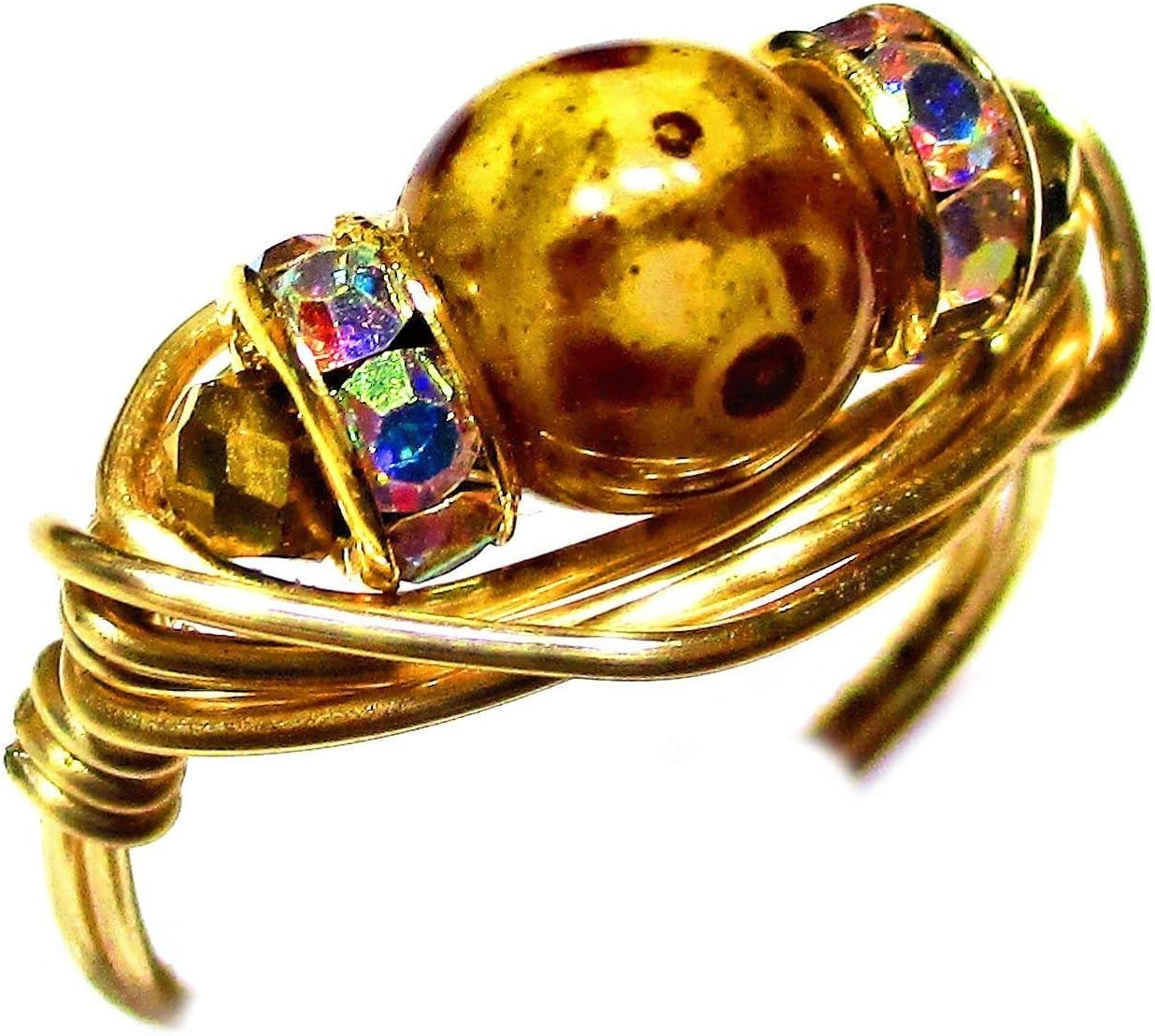Butternut Dapple Czech Art Glass SolitaireGold Wire Ring Size 4-12 Handmade in USA