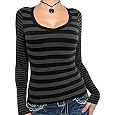 KMBANGI Women Striped Shirts Grunge Gothic Harajuku Aesthetic Tee Slim Fit Long Sleeve Top Y2k Clothes Going Out Tops