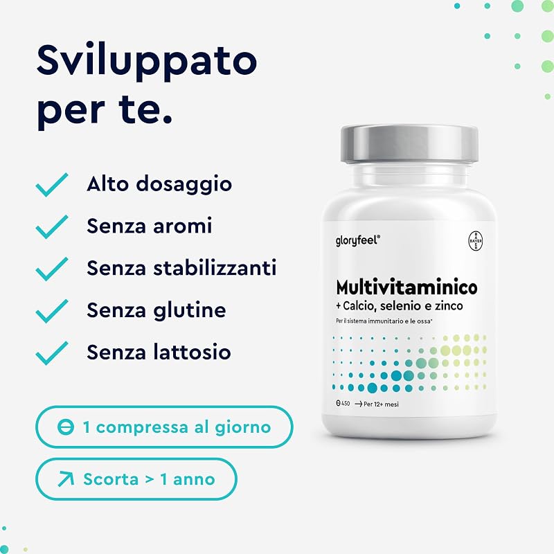 Multivitaminico Completo - 450 Compresse, Maxi Formato, Integratore Multivitaminico con Vitamine e Minerali, Vitamine A,B,C,D3,E, Calcio, Zinco, Selenio - Confezione multipla