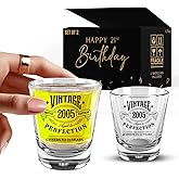Vintage 2005, 21st Birthday Shot Glasses Set of 2, 1.75 oz Each, Black, Happy 21st Birthday Decorations for Him and Her, Cheers to 21 Year Old Gifts For Men and Women, Ideal Decor for 21 party