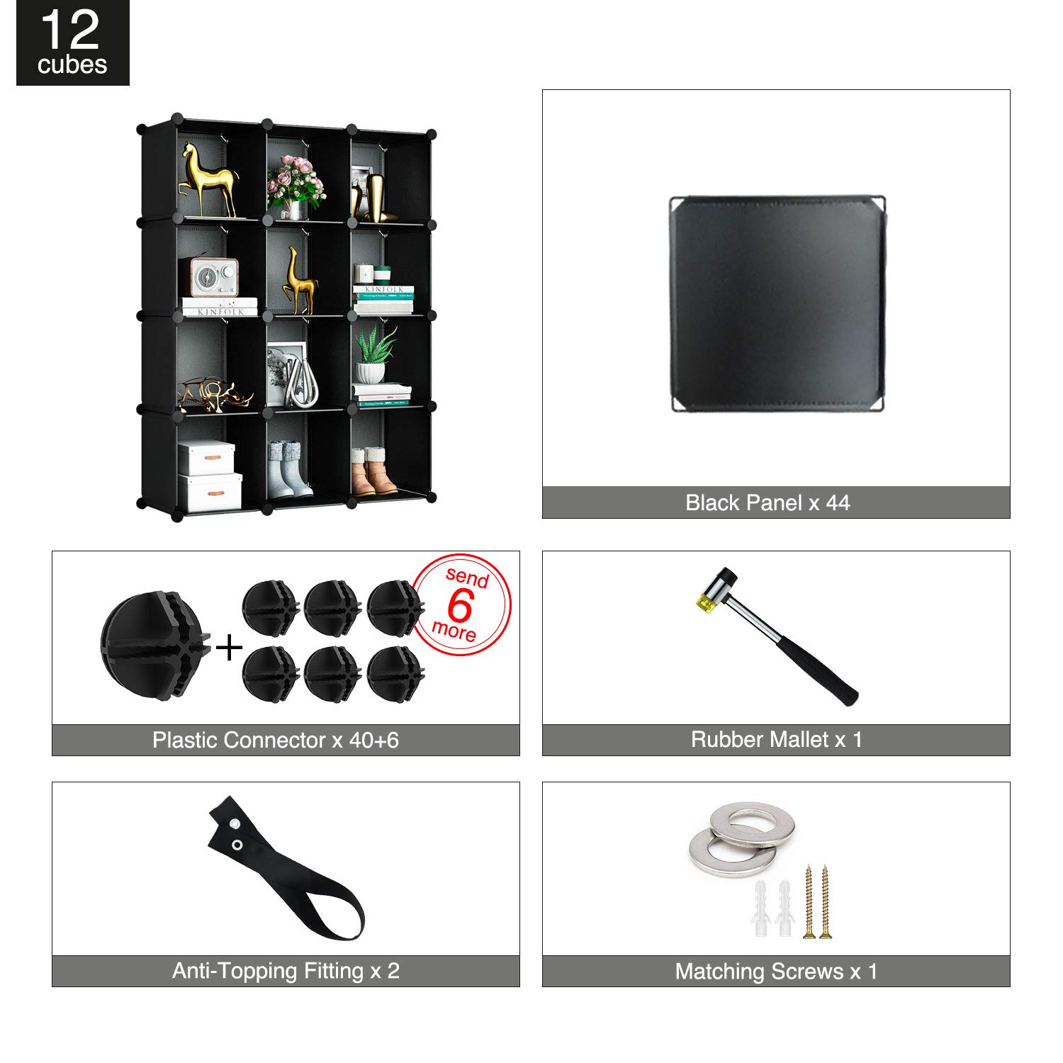 Greenstell 12 Cubes Storage Organizer,DIY Plastic Stackable Shelves Multifunctional Modular Bookcase Closet Cabinet for Books,Clothes,Toys,Artworks,Decorations(Black)