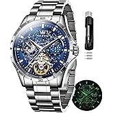 OLEVS Men Automatic Mechanical Watch Skeleton Tourbillon Starry Sky Dial Business Luxury Dress Self Winding Moon Phase Wrist Watches for Men
