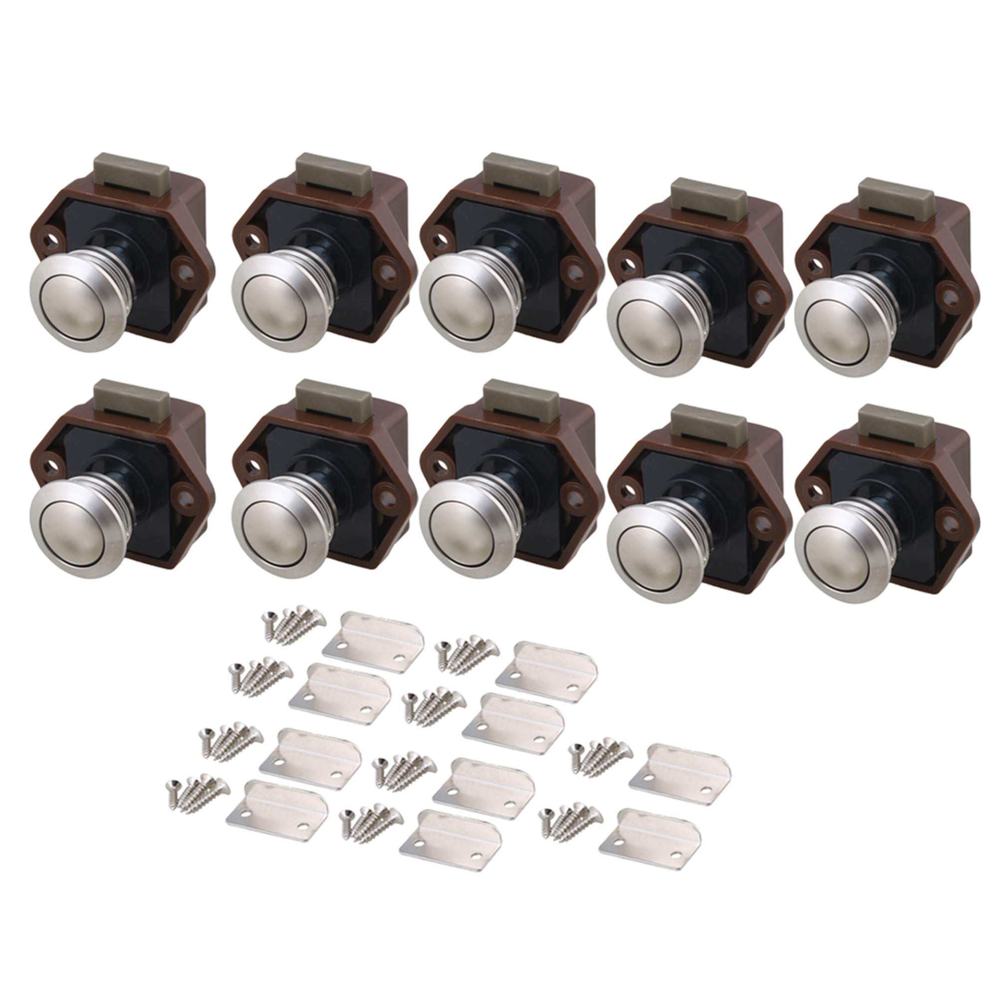 BQLZR 20mm Opening Hole Brown Push Button Keyless Lock Latch Caravan Lock for RV Drawer Doors Thickness 15-27mm Pack of 10