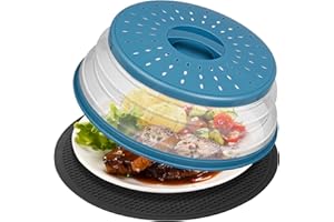 2 in 1,WENWELL Microwave Splatter Cover for Food & Mat, Vented Collapsible Kitchen dish bowl Plate lid Can be Hung, Easy to Shake Hands,Drainer Basket,BPA-Free Silicone & Plastic