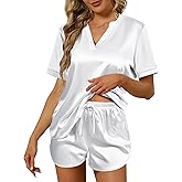 Ekouaer Silk Pajamas for Women Short Sleeve Satin Sleepwear Two-piece Pjs Set Soft V Neck Loungewear,S-XXL