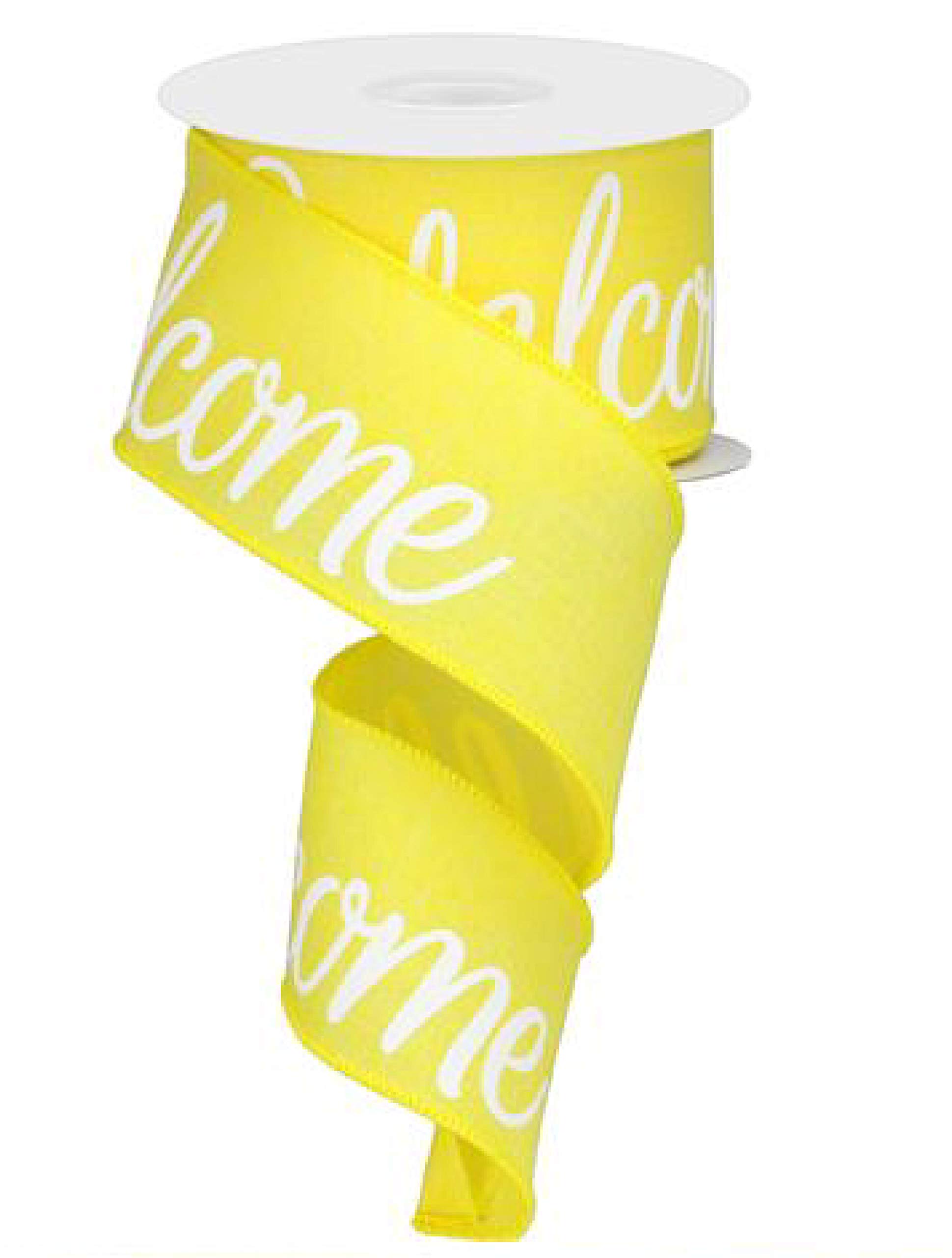 Welcome Canvas Wired Edge Ribbon, 2.5" x 10 Yards (Yellow, White)