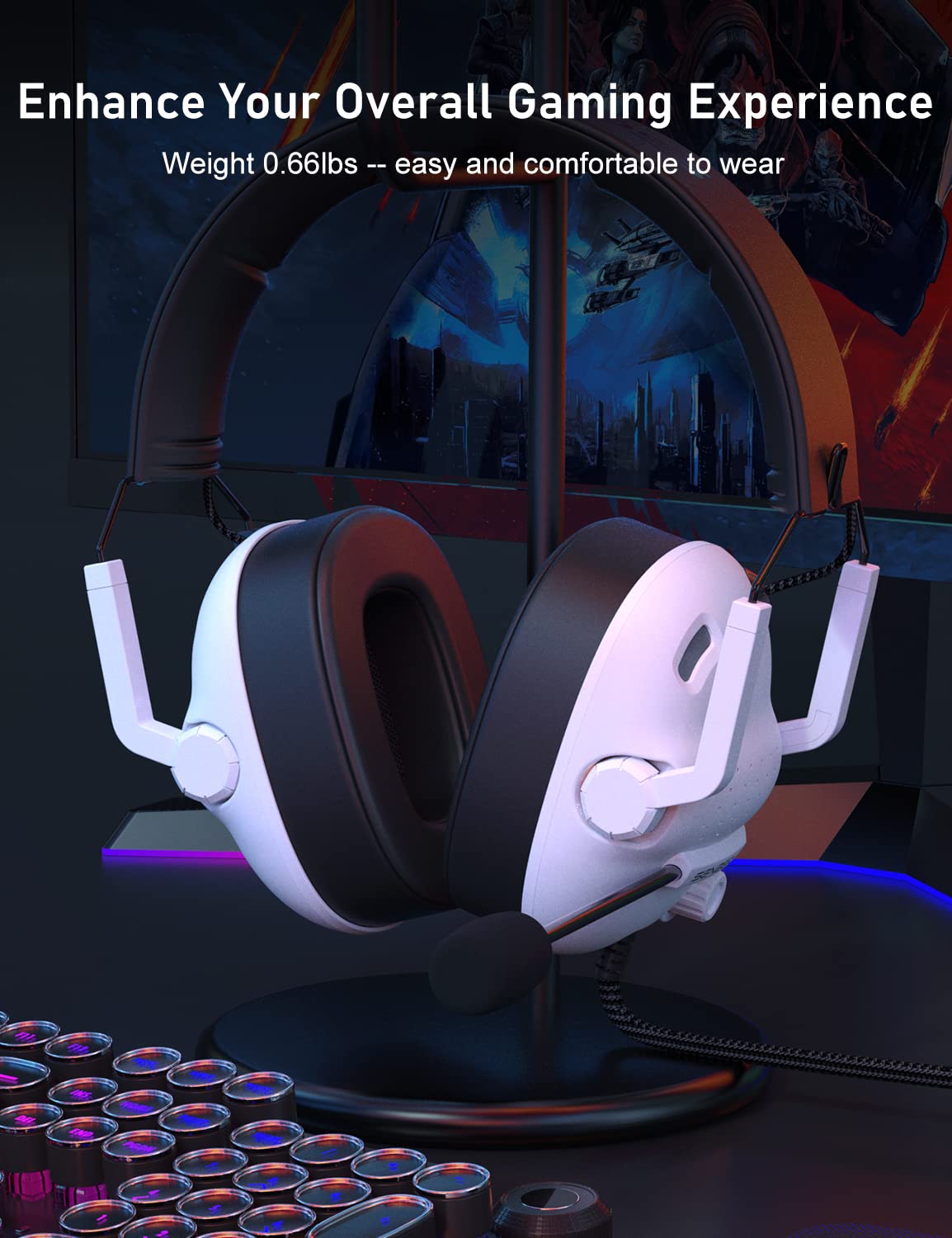 SENZER SG500 Surround Sound Pro Gaming Headset with Noise Cancelling Microphone - Soft Memory Foam Padding - Portable Foldable Headphones for PC, PS4, PS5, Xbox One, Switch - White