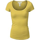 Active Basic Womens Plain Basic Deep Scoop Neck with Cap Short Sleeves - Yellow - Medium