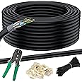 MutecPower 328 ft / 100m CAT 7 Outdoor Waterproof Direct Burial Ethernet Network Cable - SFTP - 600 Mhz - Black with Crimping Tool, RJ45 connectors and Cable Ties