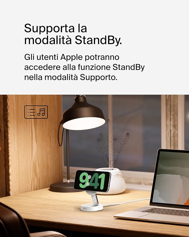 BoostCharge Pro Caricatore Magnetico Convertibile 15W, Caricabatterie Wireless Rapido Qi2 compatibile con MagSafe, per iPhone 17, Air, Pixelsnap, AirPods, alimentatore da 20 W incluso - Bianco