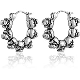 BIYONGDE Mens Stainless Steel Gothic Skull Hoop Hinged Earrings, Vintage Silver Tone Small Round Design, Punk Rock Style