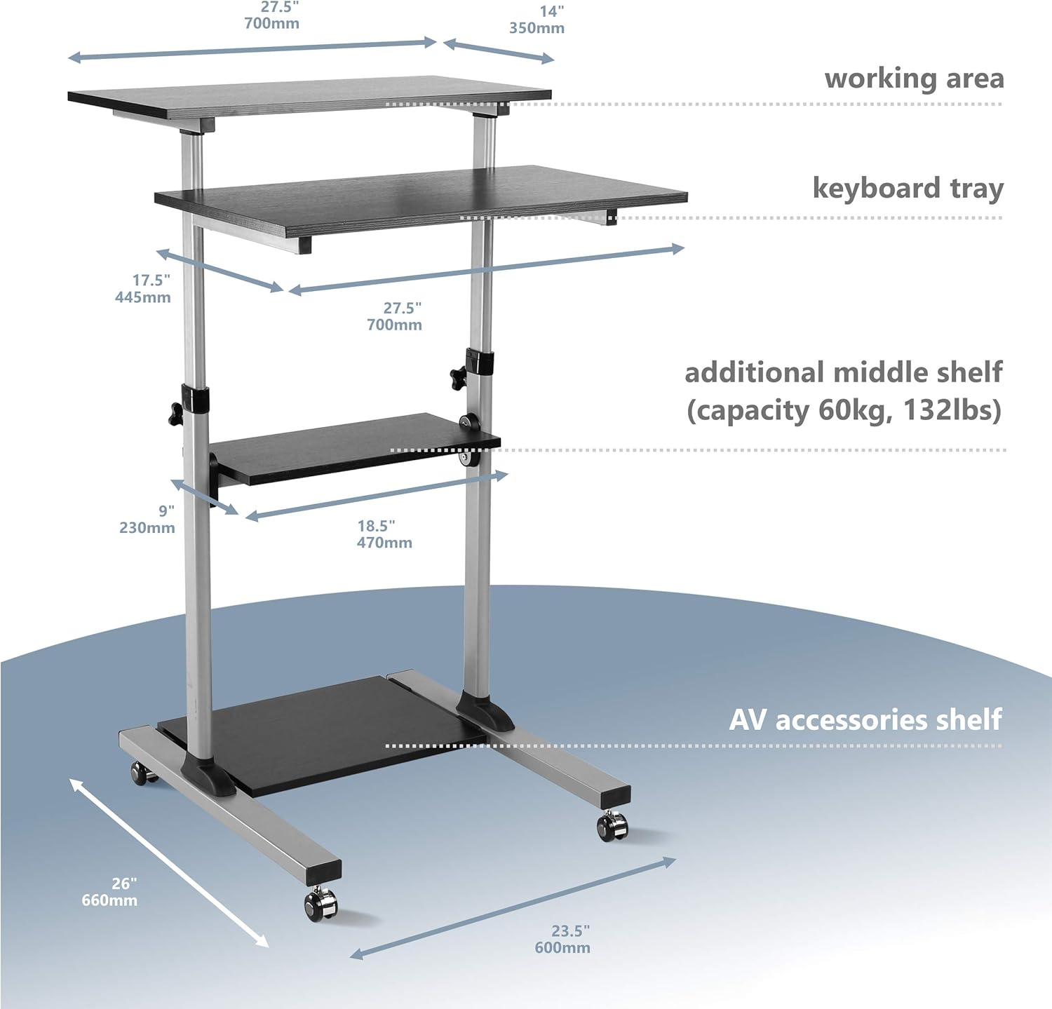ONKRON Mobile Stand Up Desk Height Adjustable Computer Workstation Rolling Presentation Cart W1R