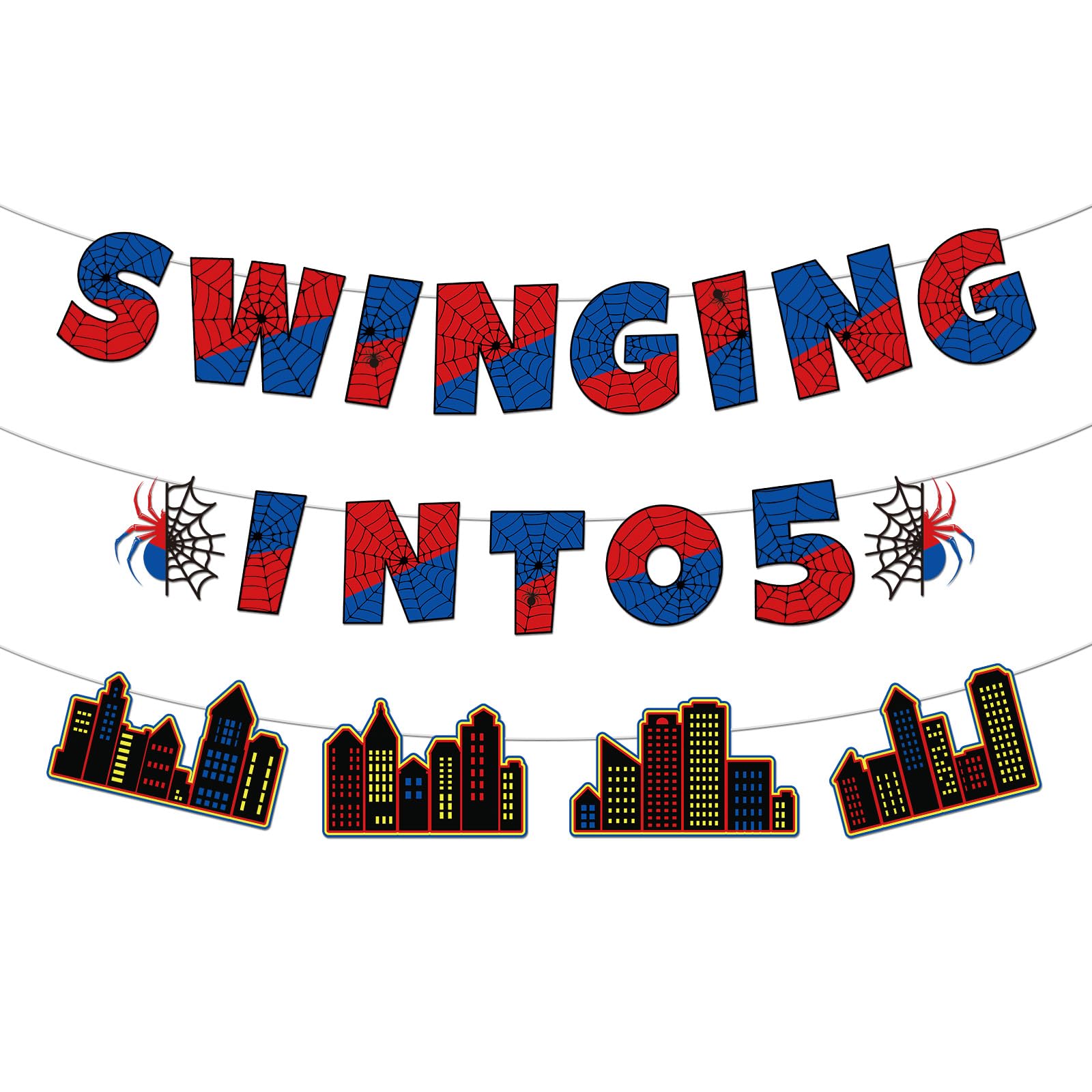 Spider Theme 5th Birthday Banner, Pre-Strung Swinging Into 5 Hanging Decor Spider Web Design Party Banner for Girls Boys Birthday Party Decoration Supplies