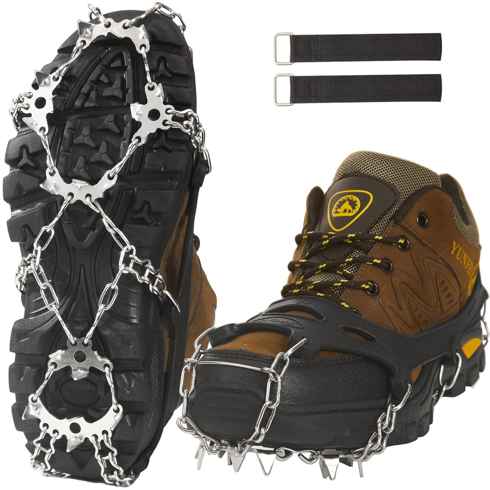 Ice cleats，Snow Ice Traction Shoe Boot Cleats， True Stainless Steel Spikes and Durable Silicone，Anti - Slip Boots Spikes for Walking, Jogging, Climbing and Hiking (12 Spikes, M-UK)