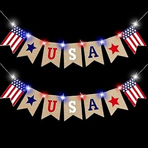 2 Pack 4th of July Decoration Burlap Banner with Lights, American Flag US Banner Bunting Red White Blue Lights Patriotic Decoration for Home Indoor Outdoor Independence Day Party Supplies