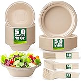 Gezond 250PCS Disposable Paper Plates and Bowls Set with Long Utensils, Compostable Plates Eco-Friendly Dinnerware Set Includes Biodegradable Plate, Bowls, Forks, Knives Spoons for Party Camping