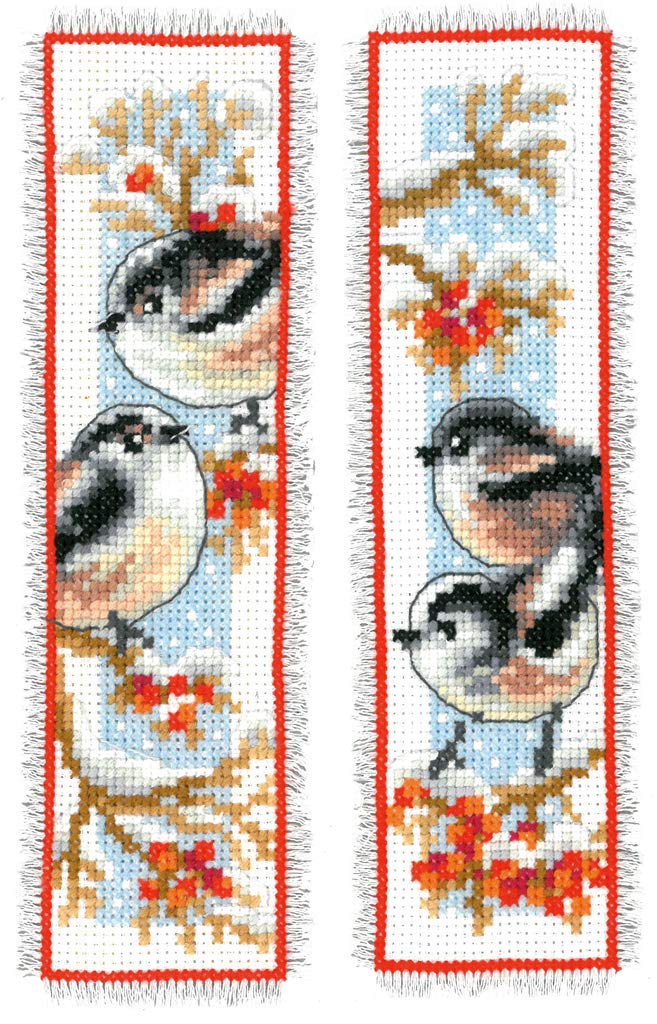Vervaco Counted Cross Stitch Kit: Bookmark: Long-Tailed Tits & Red Berries: Set of 2, Cotton, NA, 6 x 20cm