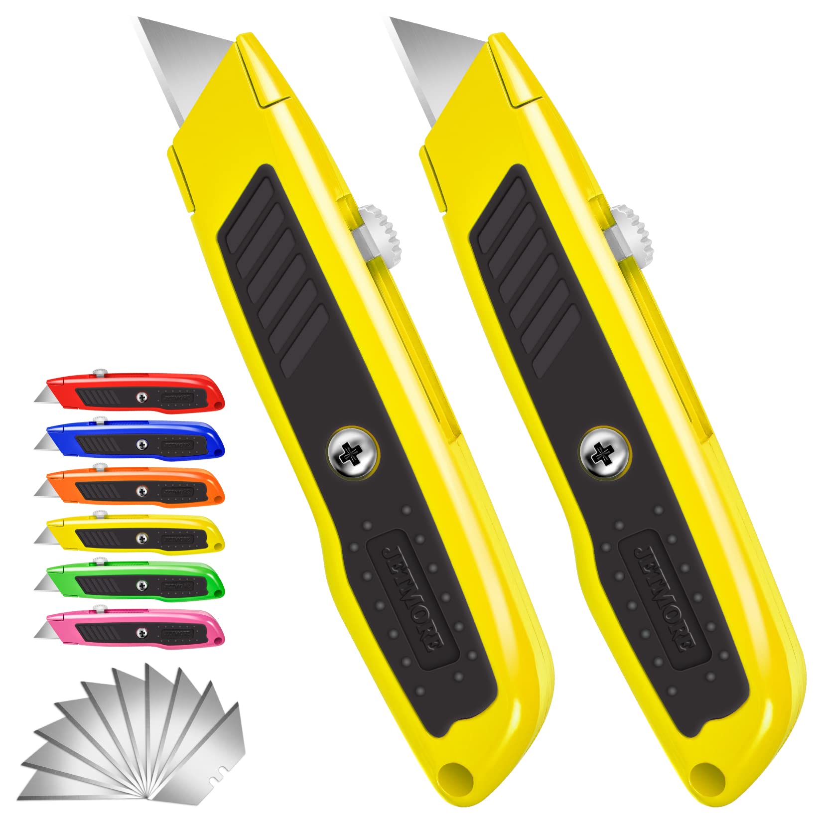 Photo 1 of Jetmore 2 Pack Box Cutter, Heavy Duty Retractable Utility Knife with 10 Extra SK5 Blades, Assorted Color Razor Knife for Cardboard, Boxes, and Rope