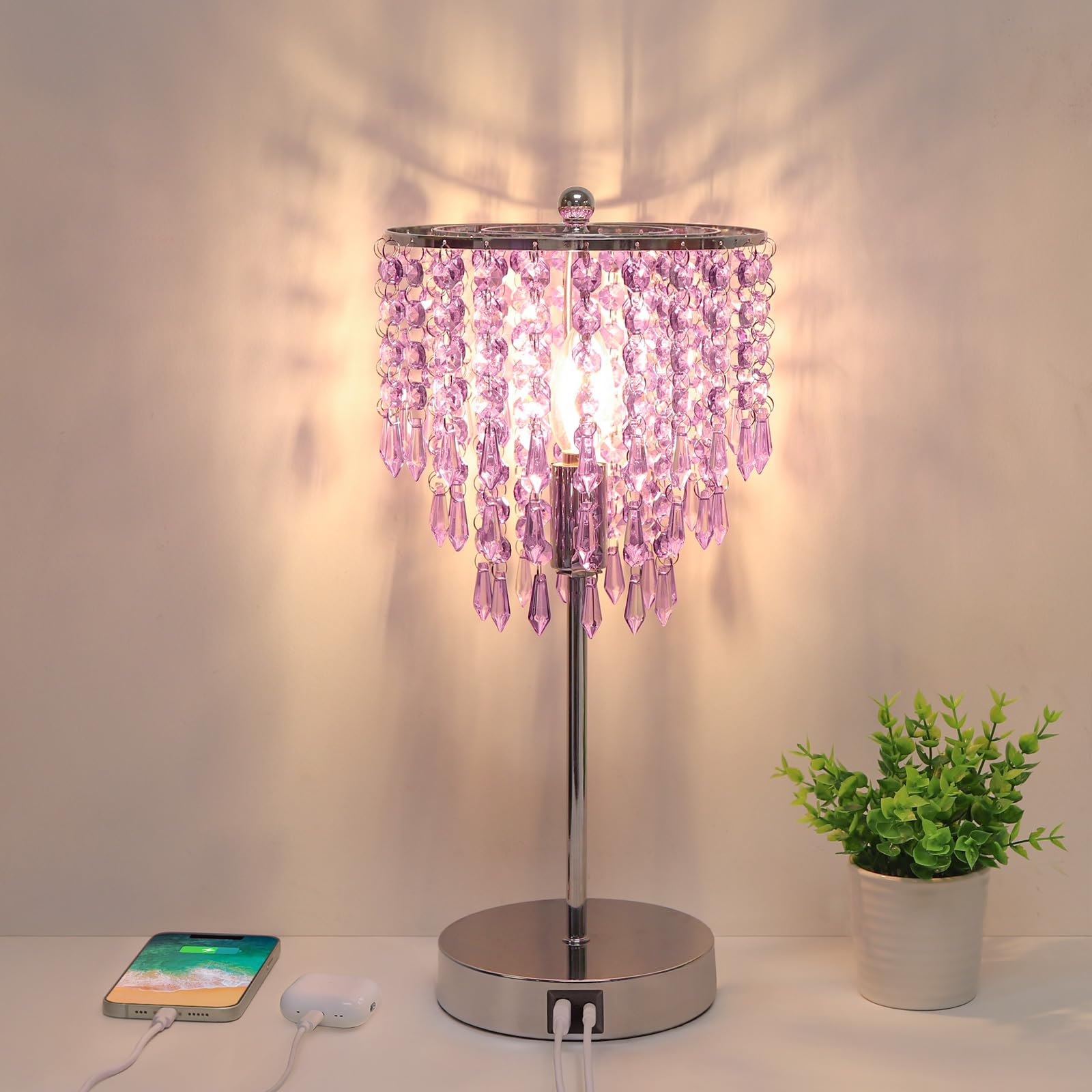 Photo 1 of ***MISSING CRYSTALS & NO BULB  -SELLING AS INCOMPLETE *** USB Bedside Lamp, 3 Way Dimmable Touch Nightstand Lamp with Dual USB Charging Ports, Table Lamp Decorative Accent Lamp Silver for Bedroom, Living Room, Office