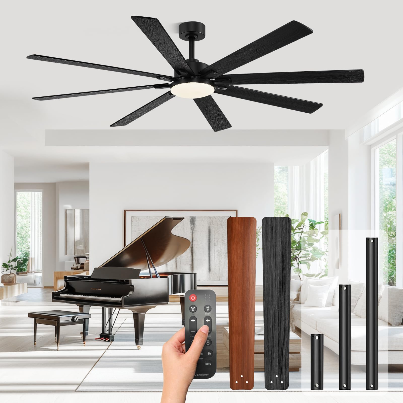 Photo 1 of ***FACTORY SEALED***Conciseer Modern 72 Inch Ceiling Fans with Lights and Remote,Living Room Office Library Cafe Outdoor Industrial, 3CCT Dual Color 8 Blades 6 Speed Reversible Quiet DC Motor, Black/Wood Grain