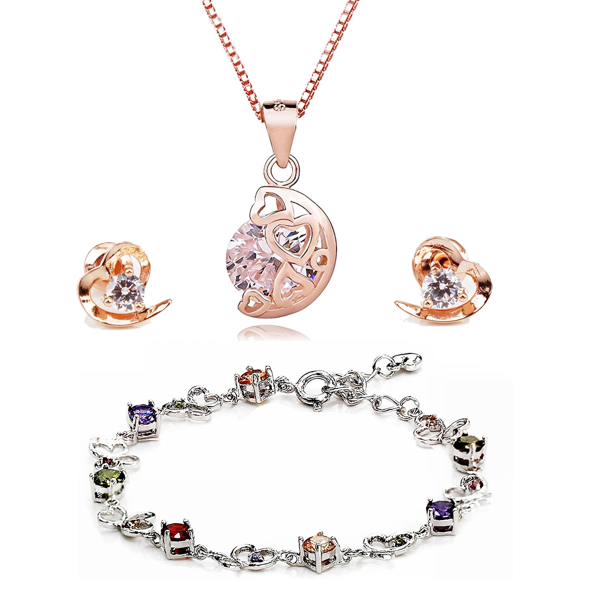 baobei jewellery Set for Women, Sterling Silver clear Crystal Zirconia Heart Pendant Necklace and Earrings with Bracelet jewellery Set for Women and Girls, Birthday Gifts (rose clear set) โ image 1