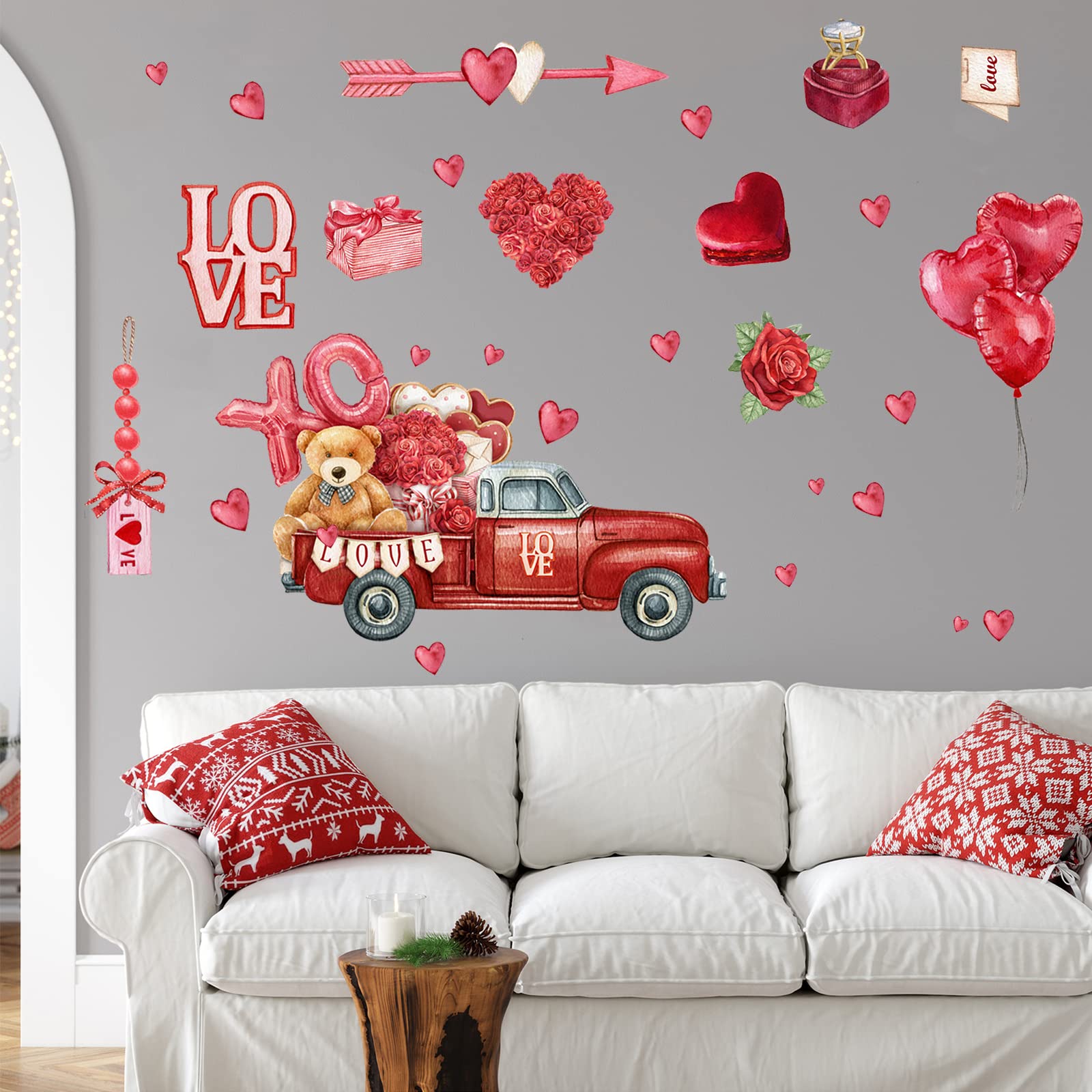 Valentines Wall Decals Red Truck Balloon Rose Wall Stickers Love Heart Decals for Window Bedroom Living Room Wedding Anniversary Decor