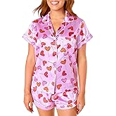 Fnkro Women Y2k Pajamas Set Cute Heart Rabbit Short Sleeve Button Down Shirt Silk Satin Pjs Shorts Set Preppy Sleepwear