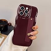 LAPOPNUT for iPhone 14 Pro Max Case for Women Girls,Simple Curly Wave Frame Design Soft Silicone Phone Case with Adjustable Wrist Strap Kickstand for iPhone 14 Pro Max Protective Cover,Wine Red