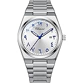 MASTOP Arabic Dial Men's Quartz Watch Silver Stainless Steel Luminous Waterproof Business Casual Wristwatch with Date Display