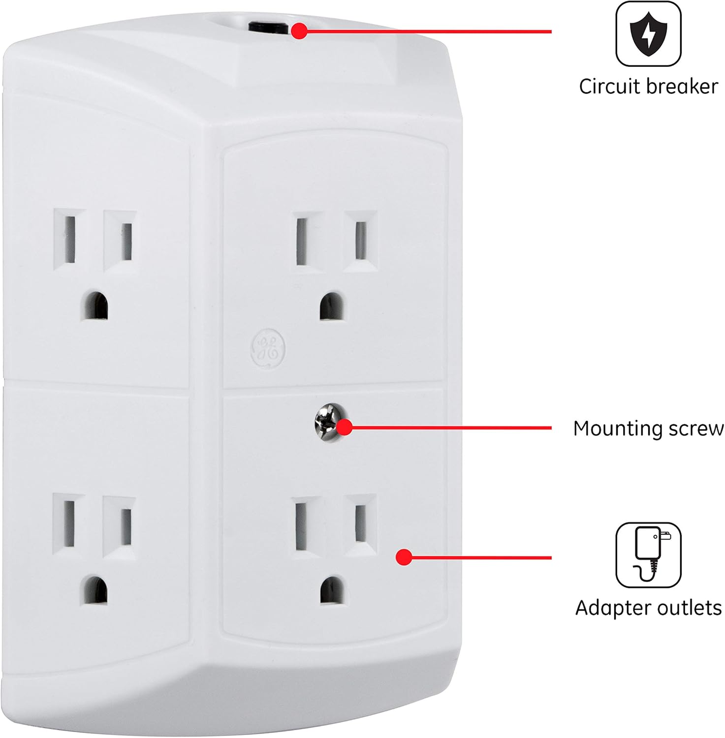 GE 6-Outlet Wall Tap, Reset Button, Circuit Breaker, Power Outlet Extender, Adapter Spaced Outlets, 3 Prong Plug, Grounded, UL Listed, White, 56575 - Electrical Multi Outlets - 