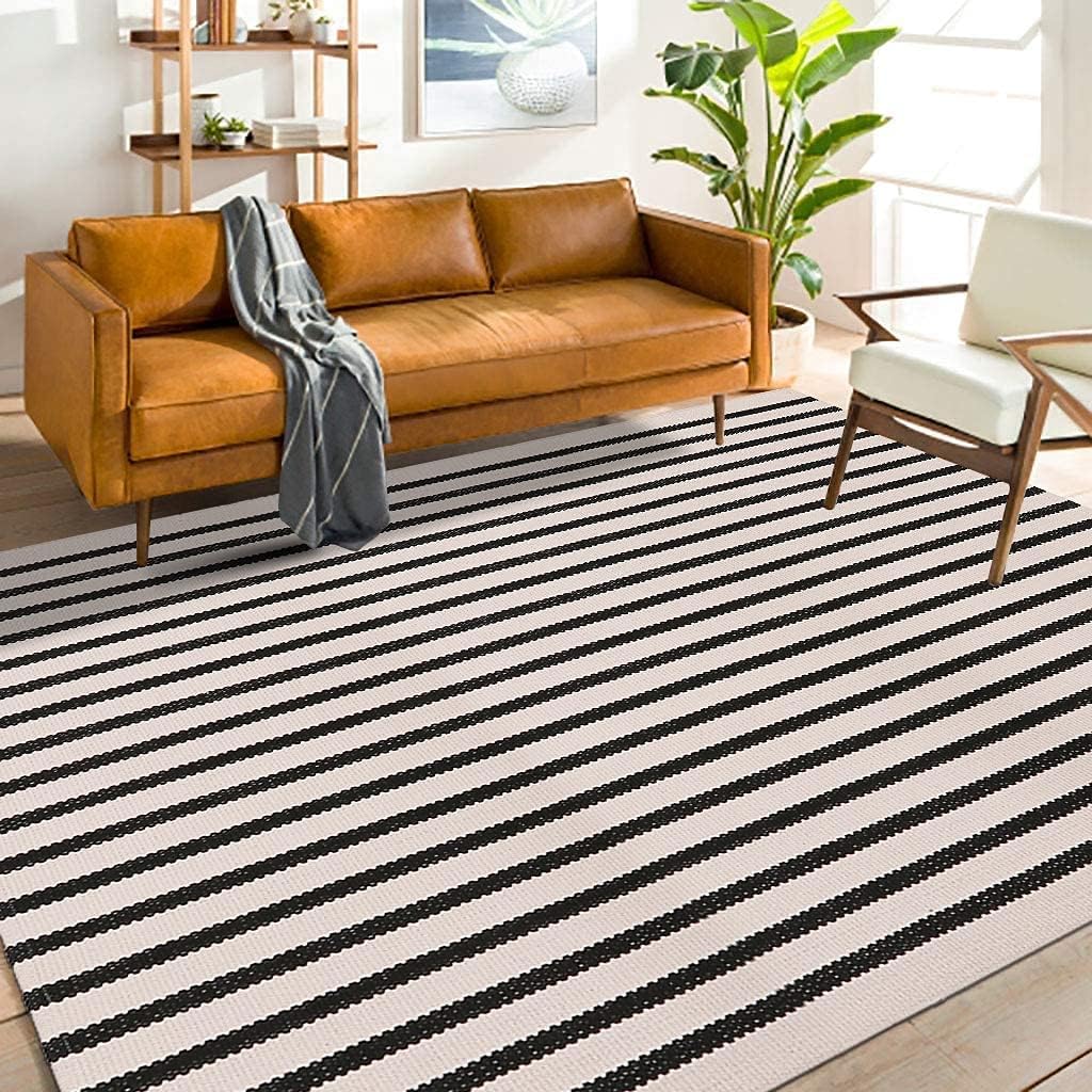 Rugs, Pads & Protectors - LEEVAN Black and White Striped Outdoor Area Rug 4x6 ft Patio Rugs Washable Woven Cotton Boho Living Room Rug Farmhouse Collection Large Floor Carpet for Courtyard/Bedroom