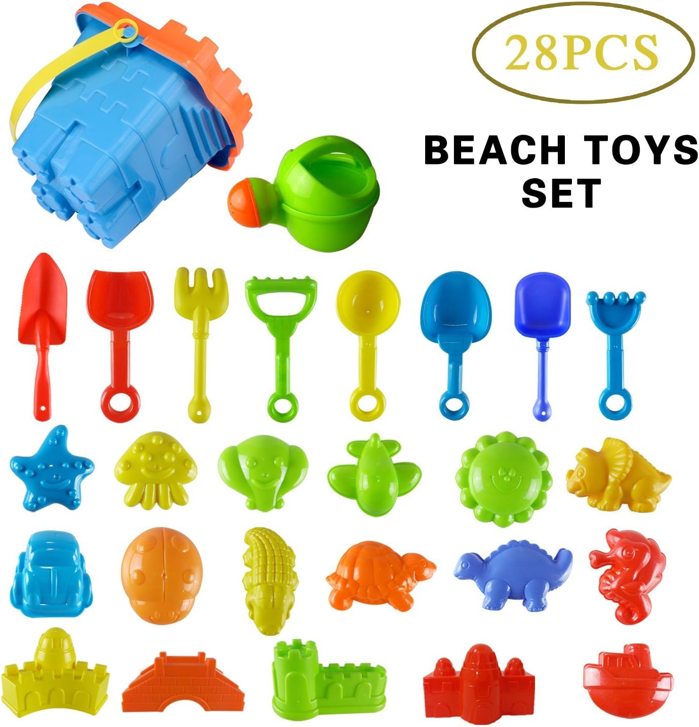 Beach Toy Set for Kids,Big 28 Pcs Sand Play Set with Models and Molds,[Castle+ Animal + Tool, Colorful]