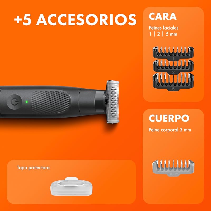 Aparador de barba e barbeador Fusion One, preto - Barbeiro tudo-em-um para rosto e corpo, cabeça pivotante, 4 pentes, tampa protetora, resistente à água, 45 minutos de uso