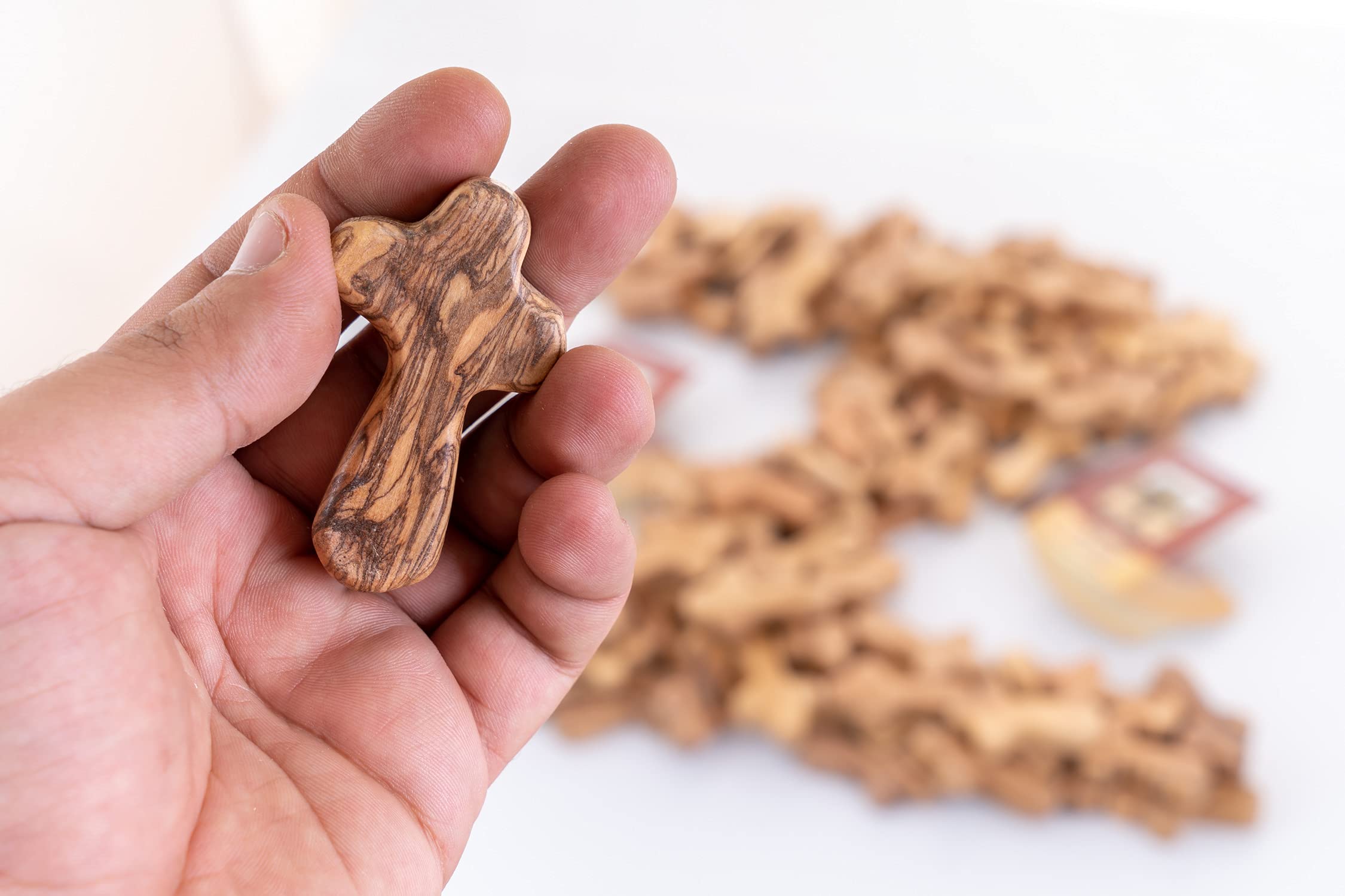 Zuluf 100 Small Olive Wood Comfort Crosses from Bethlehem Israel | Pocket Holding Crosses | Comes With 100 Holy Land Certificates 6cm / 2.5 Inch Each Cross - CRS301