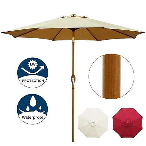Blissun 9 Patio Umbrella Outdoor Market Table Umbrella With Push Button Tilt And Crank Wooden Coated Aluminum Pole 8 Ribs Tan Amazon In Garden Outdoors