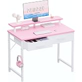 Pamray 32 Inch Small Computer Desk with Monitor Stand and 2 Drawers | Small Gaming Desk, for Bedroom Apartment and Dorm, for Study Work and Writing, Small Spaces, Sturdy, Easy Assembly