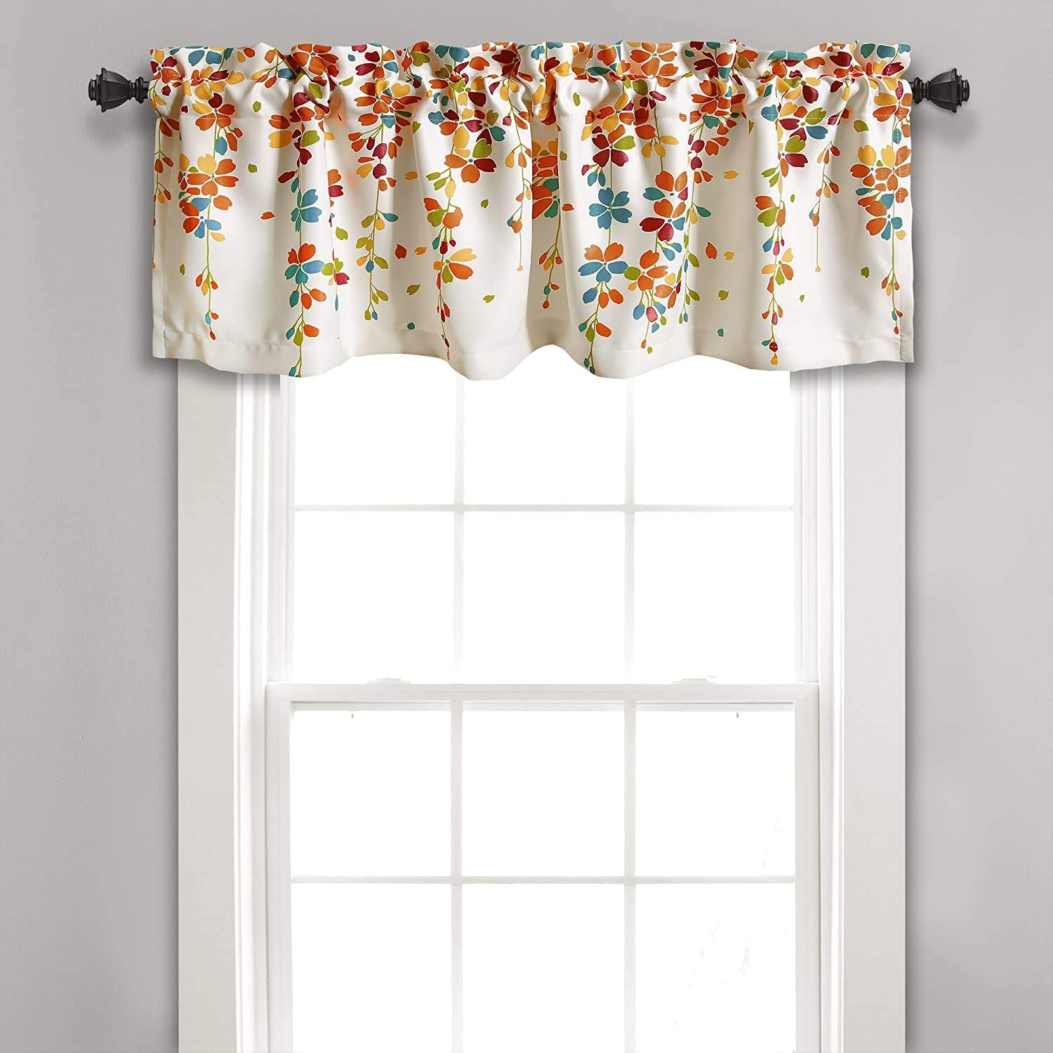 Lush Decor Weeping Flower Light Filtering Valance, 52" W x 18" L + 2" Header, Turquoise & Tangerine - Floral Curtains - Valance Curtains - Bathroom & Kitchen Valances For Windows - Farmhouse Decor