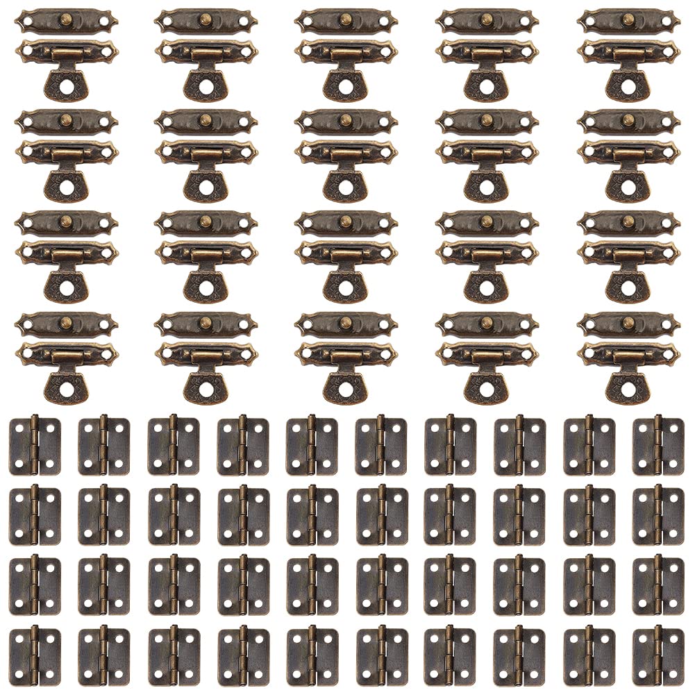 GORGECRAFT 40 Sets Antique Mini Hinges with 20 Set Retro Hasps Latch and 240Pcs Screws Antique Buckles Kit for Wooden Cabinet Case Vintage Jewelry Storage Gift Box Toolbox Decorative Supplies