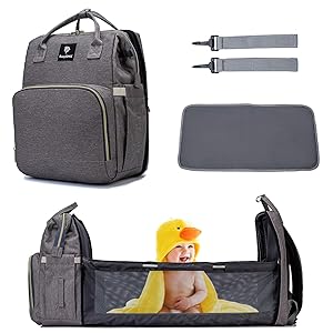 Diaper Bag Backpack, EasySMX Travel Diaper Bag with Foldable Baby Bed, Waterproof Backpack for Baby Stuff, Nappy Bag Changing Station, Diaper Bag with Portable Bassinet, Grey