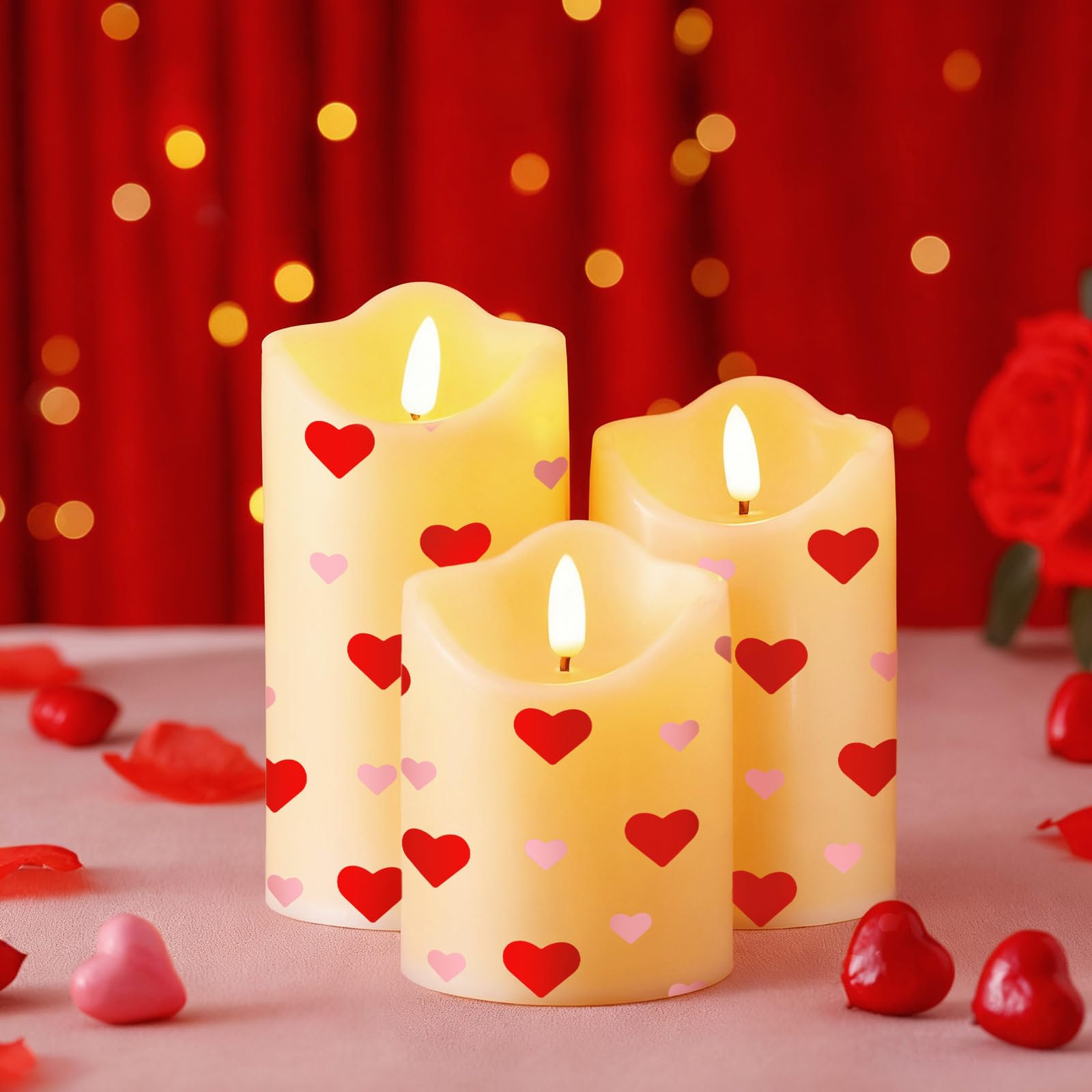 Photo 1 of Glooglitter 3 Pcs Valentine's Day Flameless LED Candles Romantic Heart Battery Operated LED Pillar Candles for Valentine's Day Proposal Anniversary Decor Wedding Party (Red Heart)