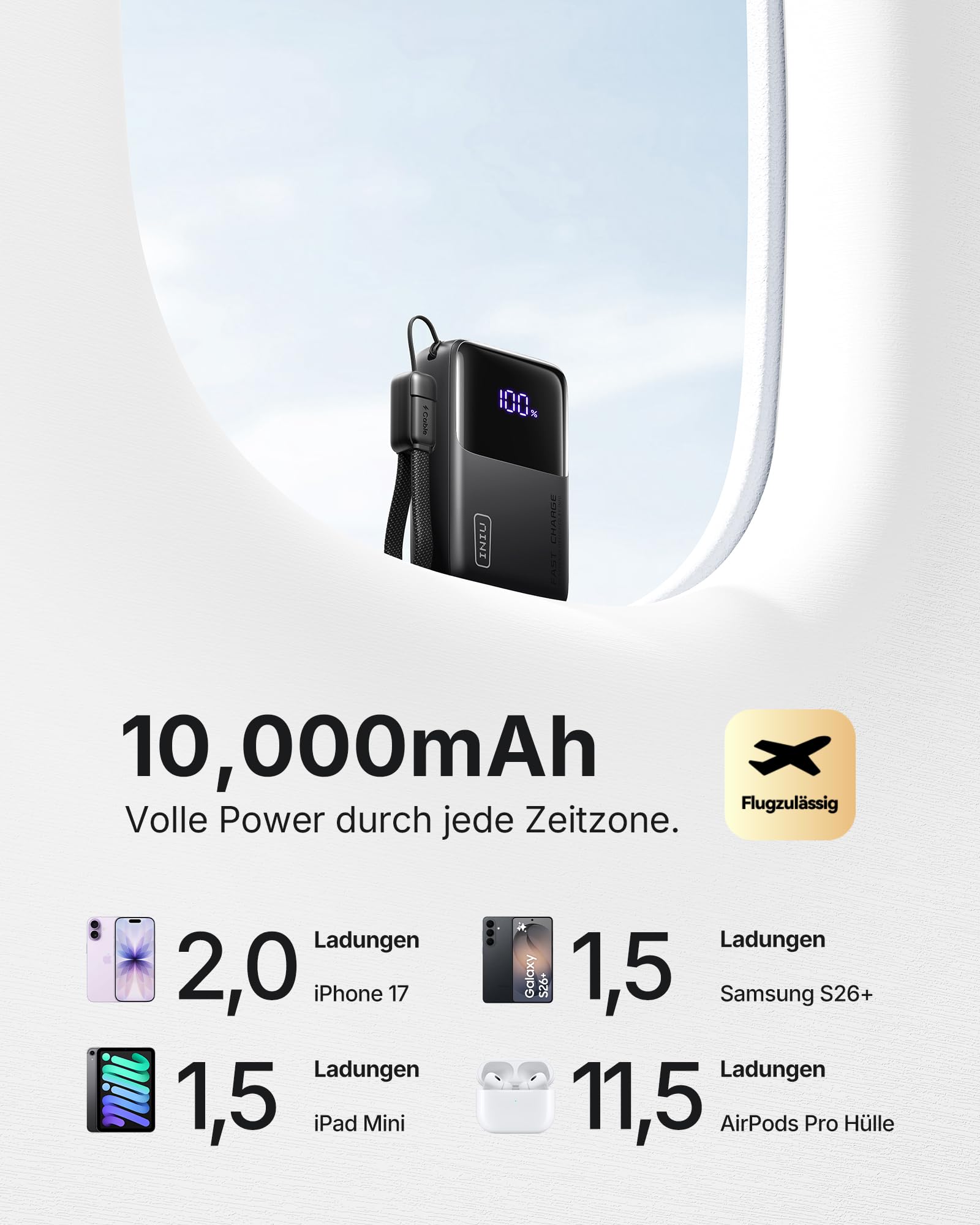 INIU Ultra Mini Powerbank, 10000mAh 45W Schnellladen mit USB C Kabel 6