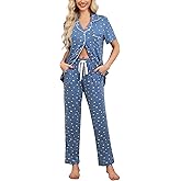 Anjue Pajamas for Women Soft Button Up Pajama Set Short Sleeve Shirt and Long Pants Lounge Sets S-XXL