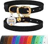BRONZEDOG Leather Cat Collar with QR Tag, Bell, Non Breakaway, 18-22 cm view 1