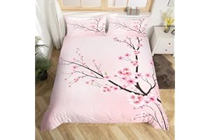 FEELYOU Cherry Blossoms Duvet Cover Set Sakura Flowers Branch Comforter Cover Pale Pink Bedding Set For Girly Girls Teens Kids Child,Japanese Spring Quilt Cover Queen Size 1 Duvet Cover With 2 Pillow Case