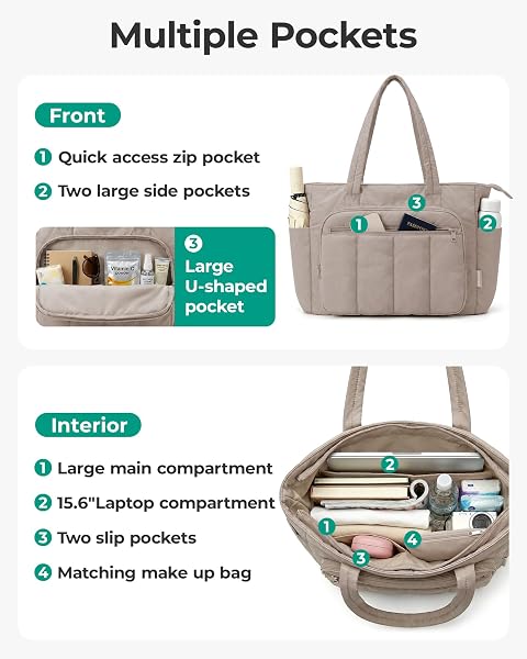 BAGSMART TOTE BAG FOR WOMEN, 2 SET PUFFER TOTE BAG WITH ZIPPER, QUILTED NURSE HANDBAGS FOR WORK TRAVEL COLLEGE, GREEN
